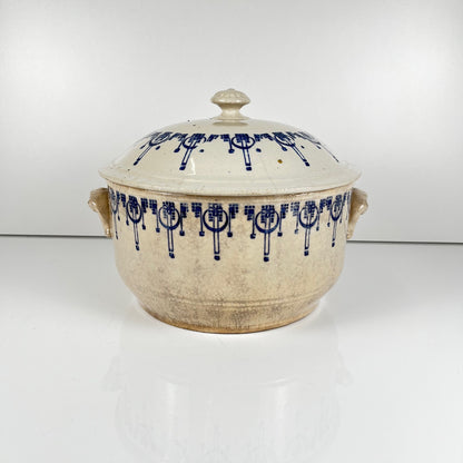 Antique Saint-Uze stoneware hot water bottle / casserole, blue decoration, early 20th century.