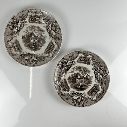 Pair of antique fine earthenware dessert plates by David Johnston (Bordeaux), 19th century.