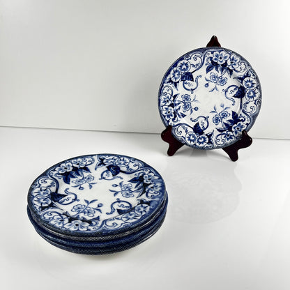 Set of 6 "Flora" *Terre de Fer* dessert plates – Creil et Montereau, 19th century, blue