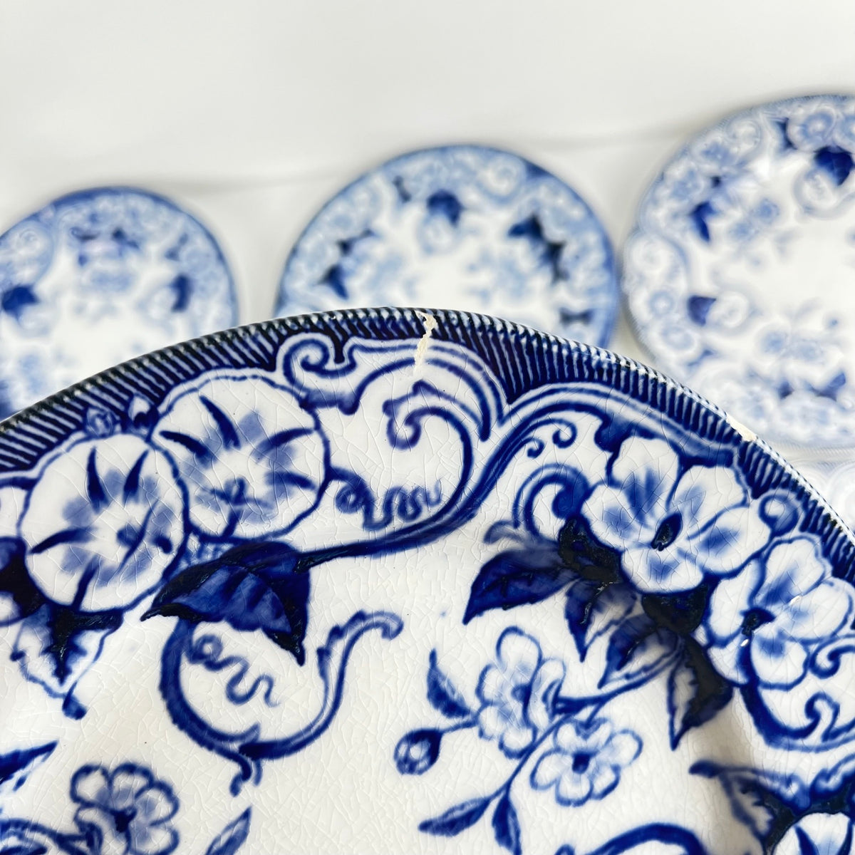 Set of 6 "Flora" *Terre de Fer* dessert plates – Creil et Montereau, 19th century, blue