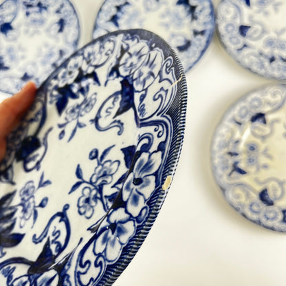 Set of 6 "Flora" *Terre de Fer* dessert plates – Creil et Montereau, 19th century, blue