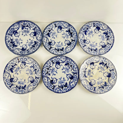 Set of 6 "Flora" *Terre de Fer* dessert plates – Creil et Montereau, 19th century, blue