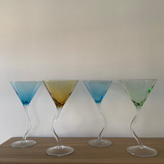 Set of 4 multi-colored dancing cocktail glasses, 1990