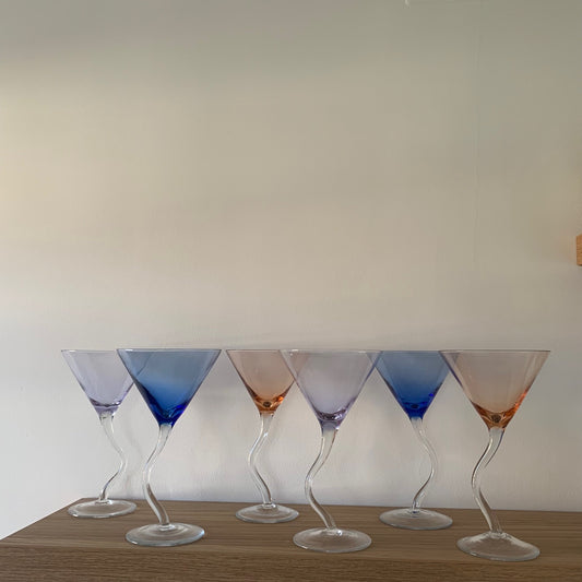 Set of 6 multi-colored dancing cocktail glasses, 1990