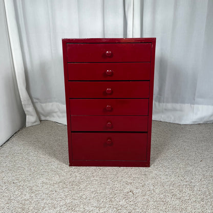 Small red-lacquered pine workshop cabinet, 1980