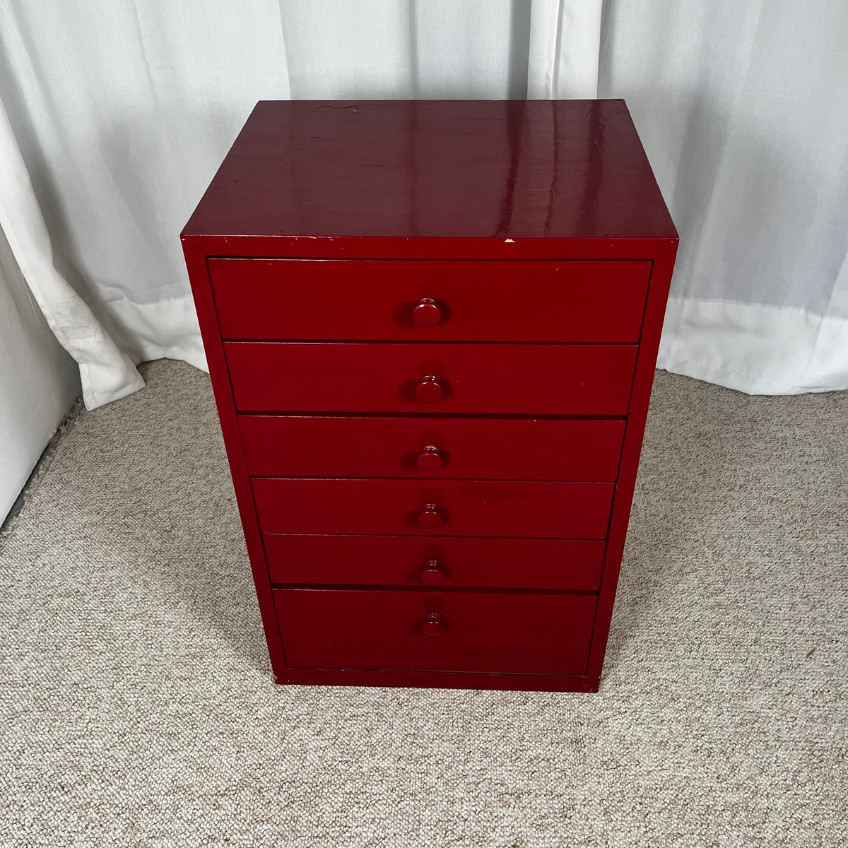 Small red-lacquered pine workshop cabinet, 1980