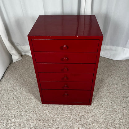Small red-lacquered pine workshop cabinet, 1980