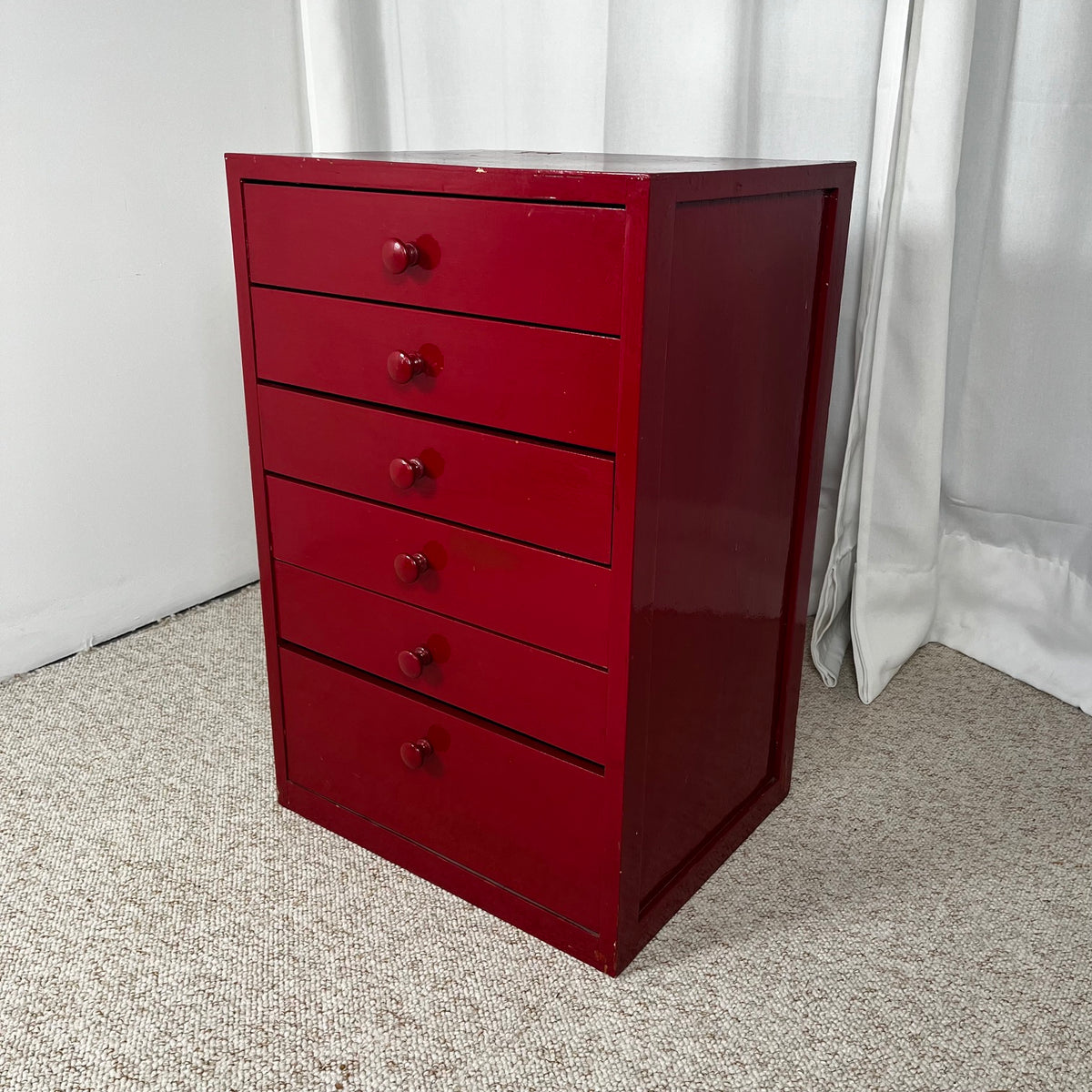 Small red-lacquered pine workshop cabinet, 1980