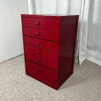 Small red-lacquered pine workshop cabinet, 1980