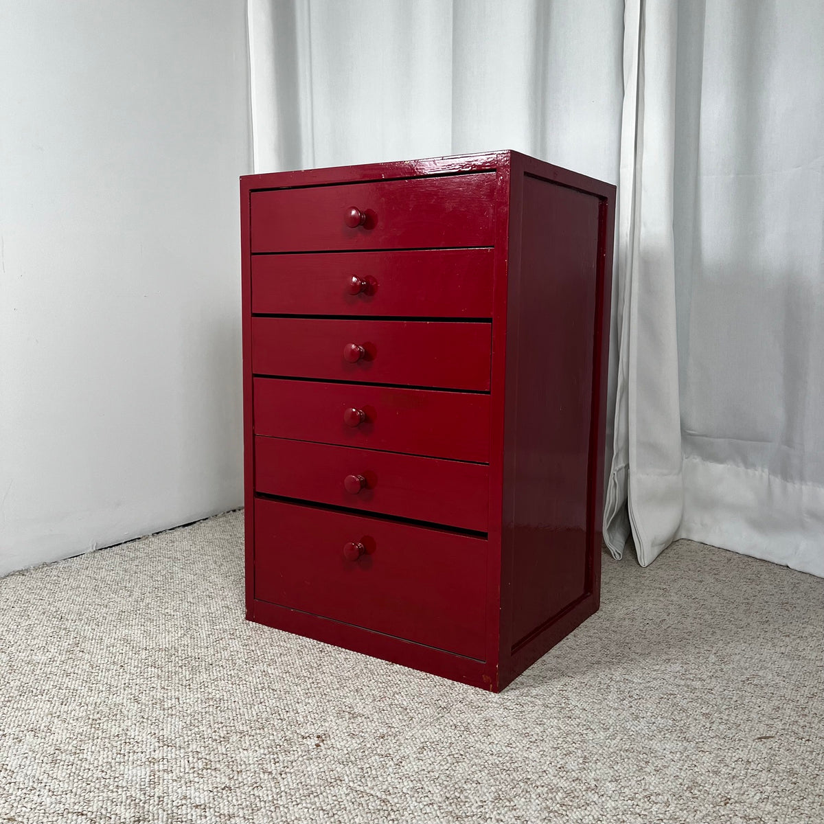 Small red-lacquered pine workshop cabinet, 1980