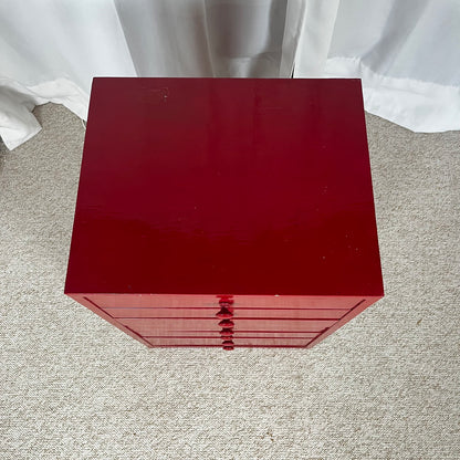 Small red-lacquered pine workshop cabinet, 1980