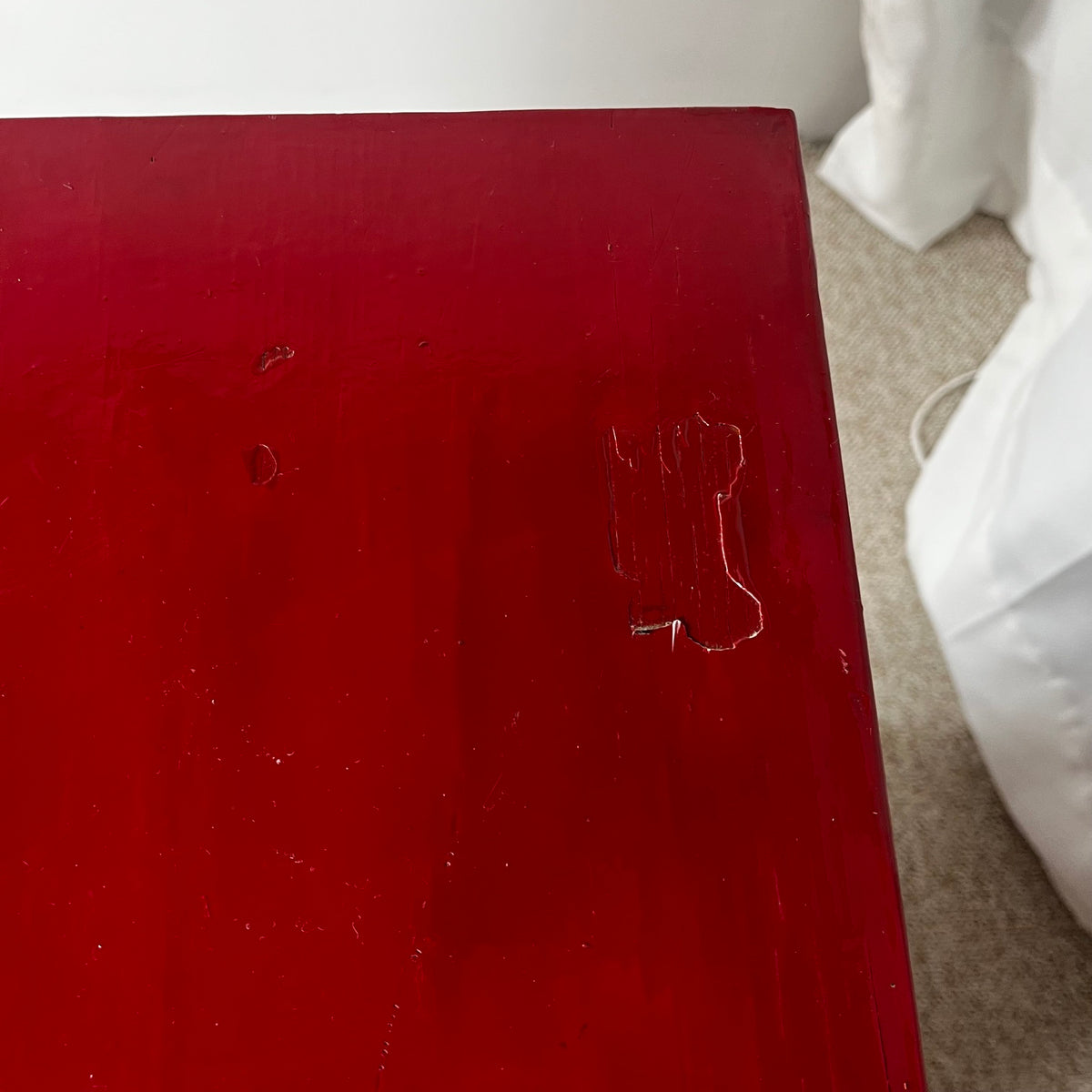 Small red-lacquered pine workshop cabinet, 1980