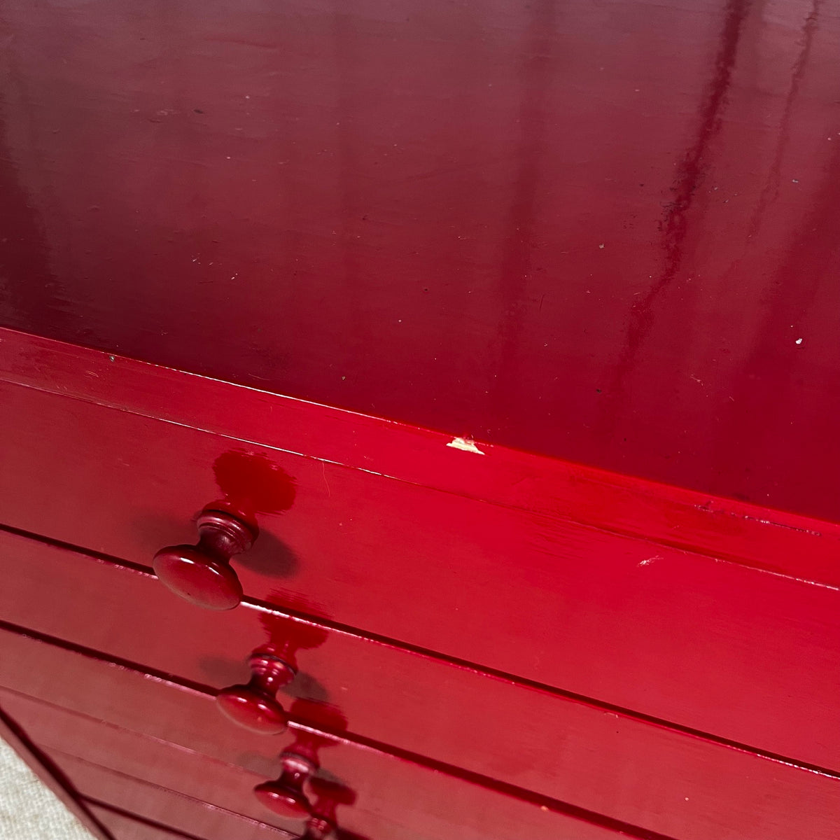 Small red-lacquered pine workshop cabinet, 1980