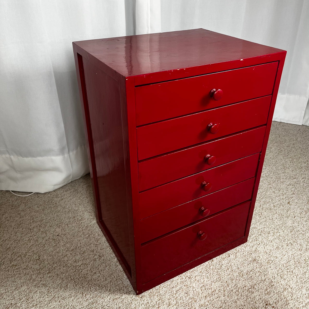 Small red-lacquered pine workshop cabinet, 1980