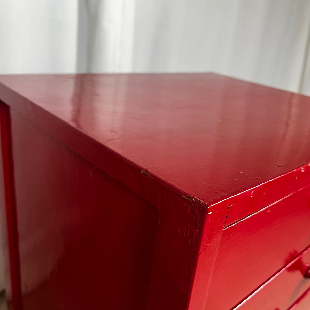 Small red-lacquered pine workshop cabinet, 1980