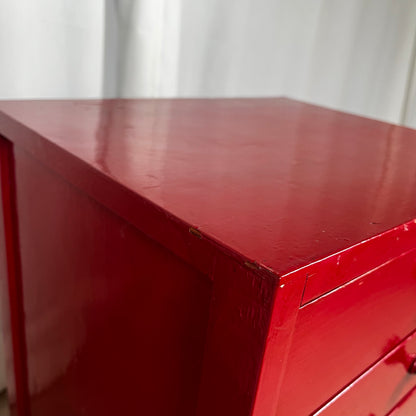 Small red-lacquered pine workshop cabinet, 1980