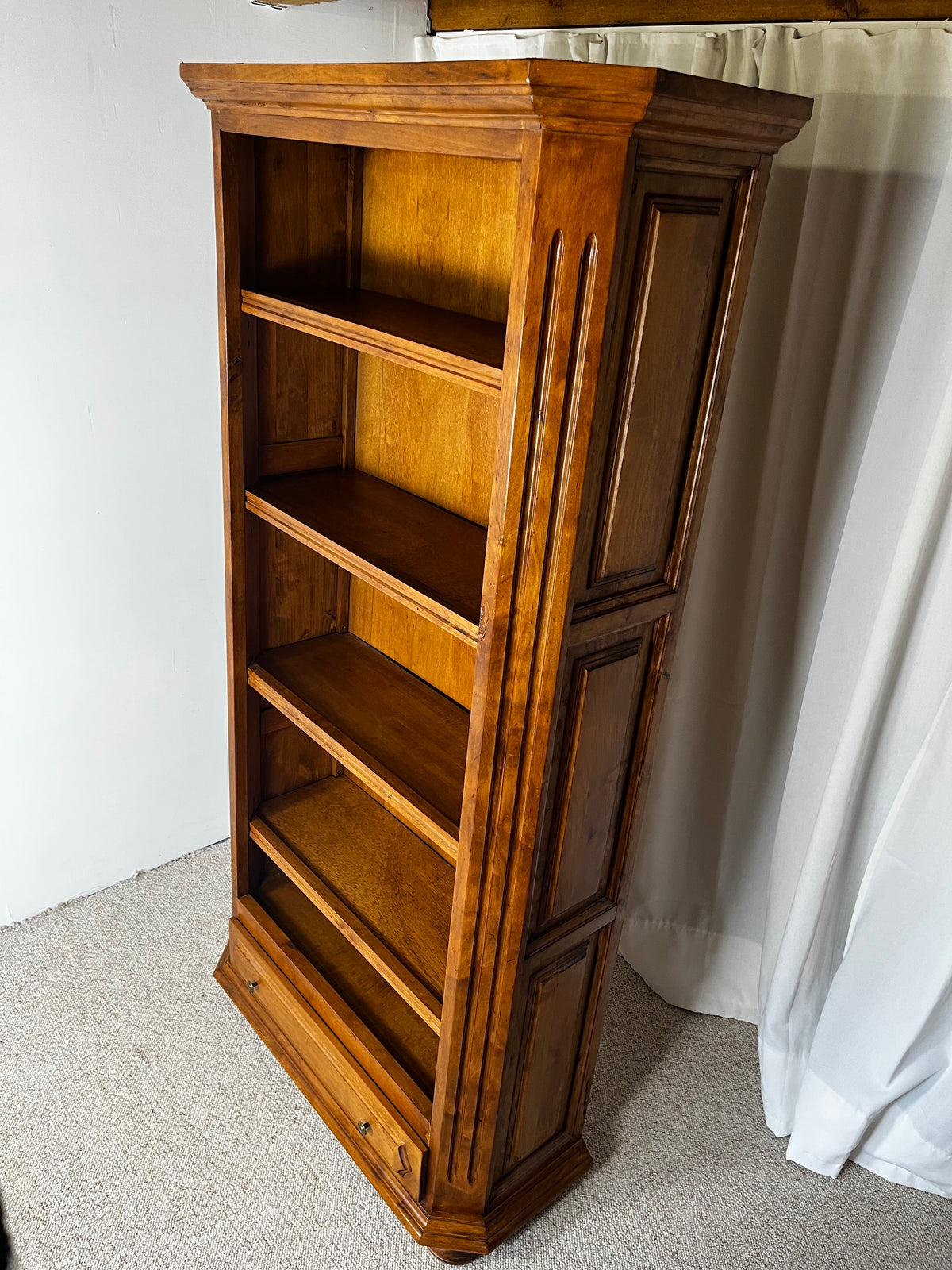 Open cherrywood bookcase, French classical style, Louis-Philippe influence, 1950.
