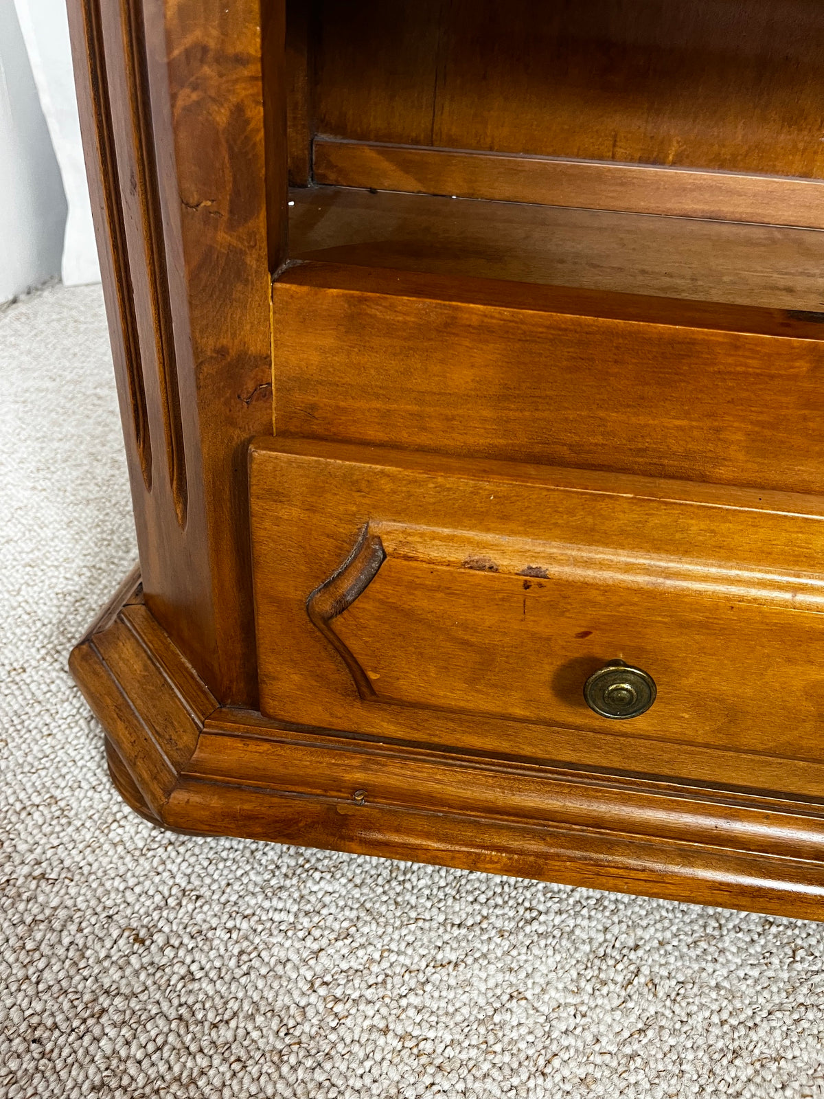Open cherrywood bookcase, French classical style, Louis-Philippe influence, 1950.