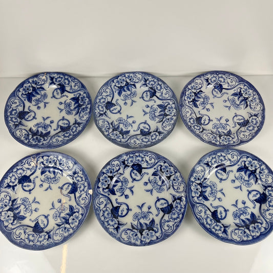 Set de 6 Assiettes plates en Terre de Fer « Flora » – Creil et Montereau, XIXe siècle, bleu