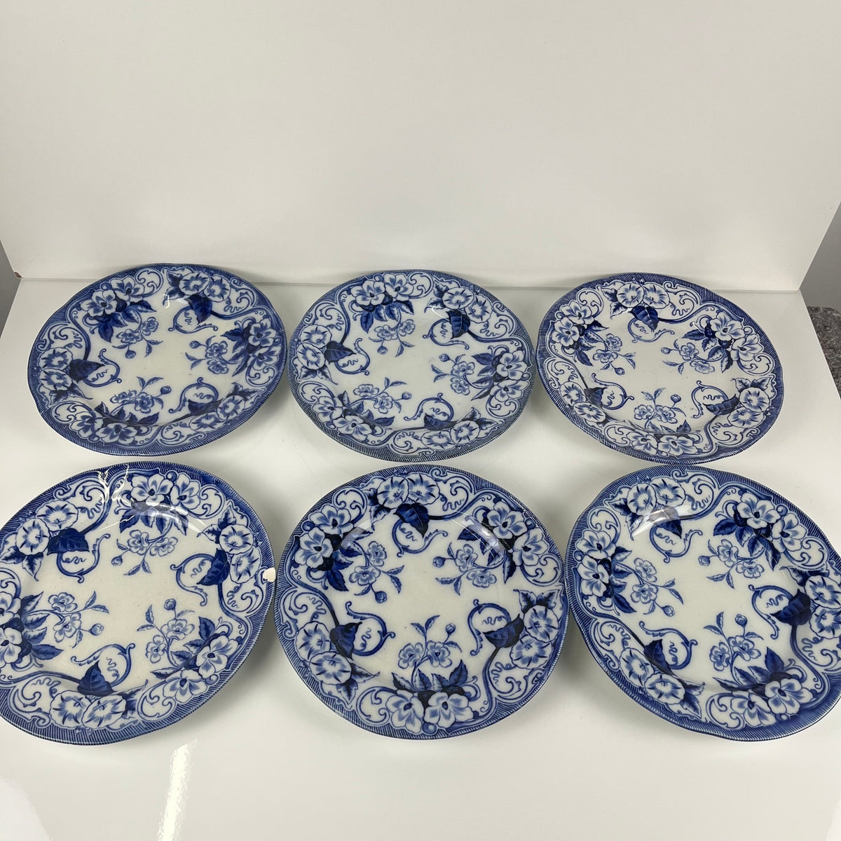 Set de 6 Assiettes plates en Terre de Fer « Flora » – Creil et Montereau, XIXe siècle, bleu