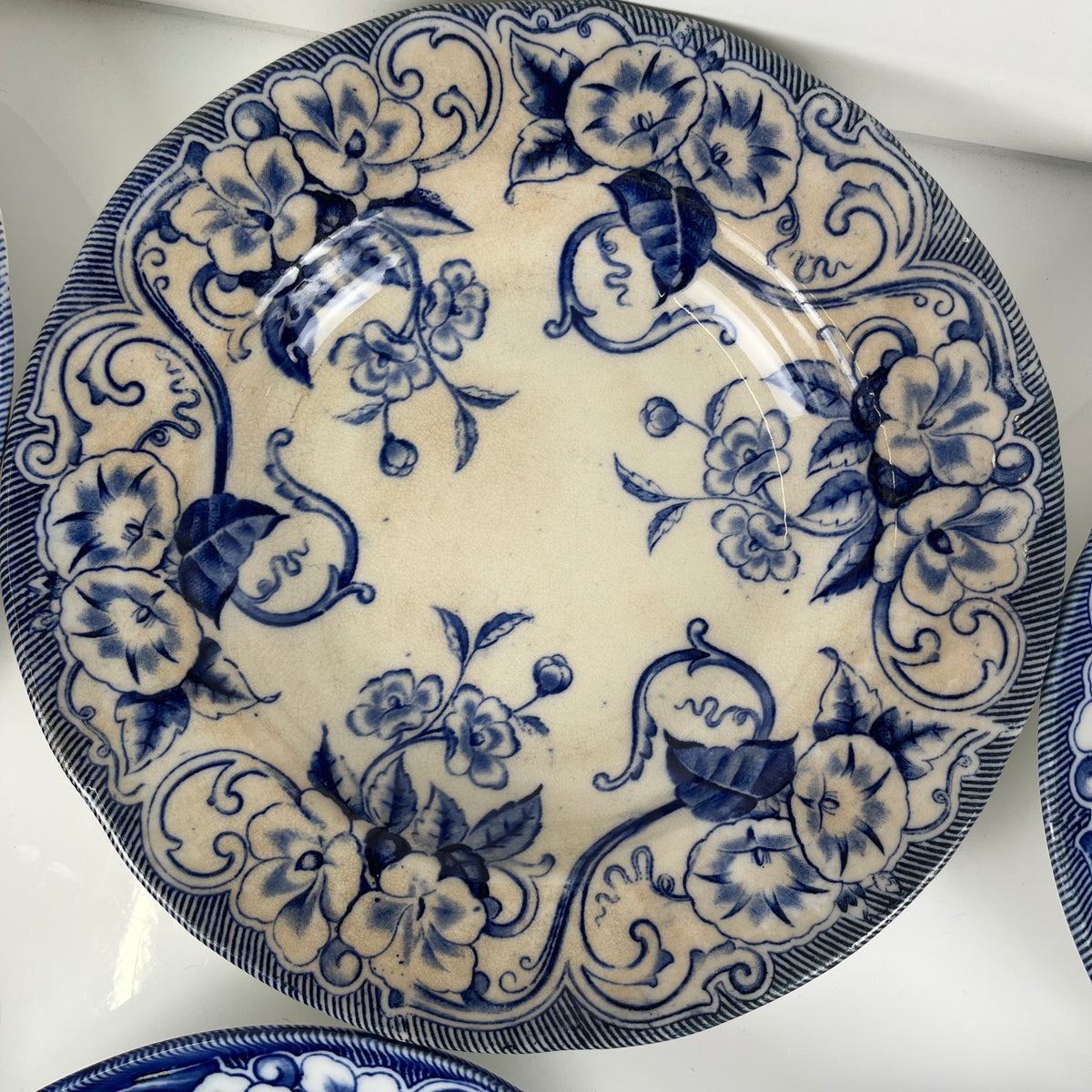Set de 6 Assiettes creuses en Terre de Fer « Flora » – Creil et Montereau, XIXe siècle, bleu