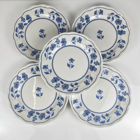 Set de 5 assiettes à dessert Nuova Fontebasso, motif fleur bleu et bord festonné, Italie, XX eme.