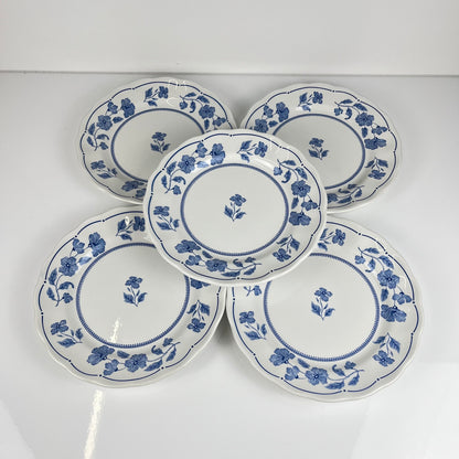 Set de 5 assiettes à dessert Nuova Fontebasso, motif fleur bleu et bord festonné, Italie, XX eme.