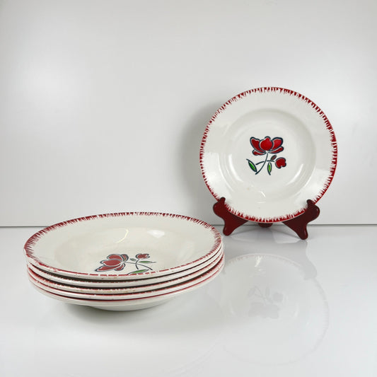 Set de 6 assiettes creuses en porcelaine, Badonviller, fleur rouge, 1950
