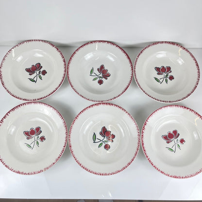 Set de 6 assiettes creuses en porcelaine, Badonviller, fleur rouge, 1950