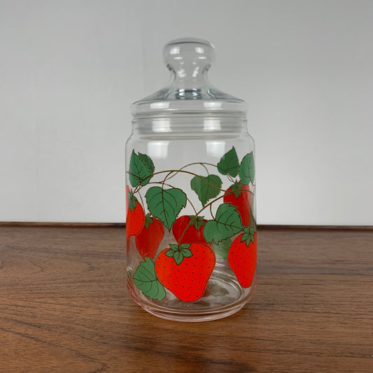 Glass jar with strawberry pattern