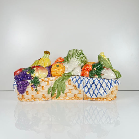 Three-piece earthenware basket box with lids for fruits and vegetables, Italian majolica style, 1980s