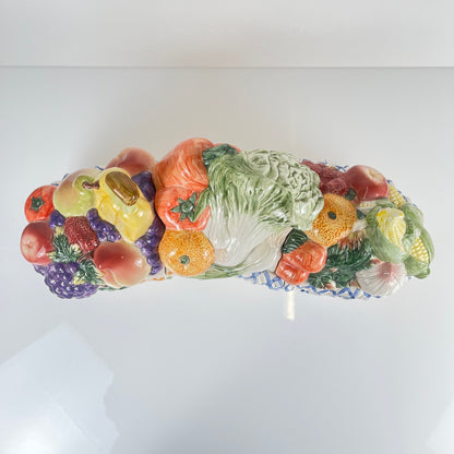 Three-piece earthenware basket box with lids for fruits and vegetables, Italian majolica style, 1980s