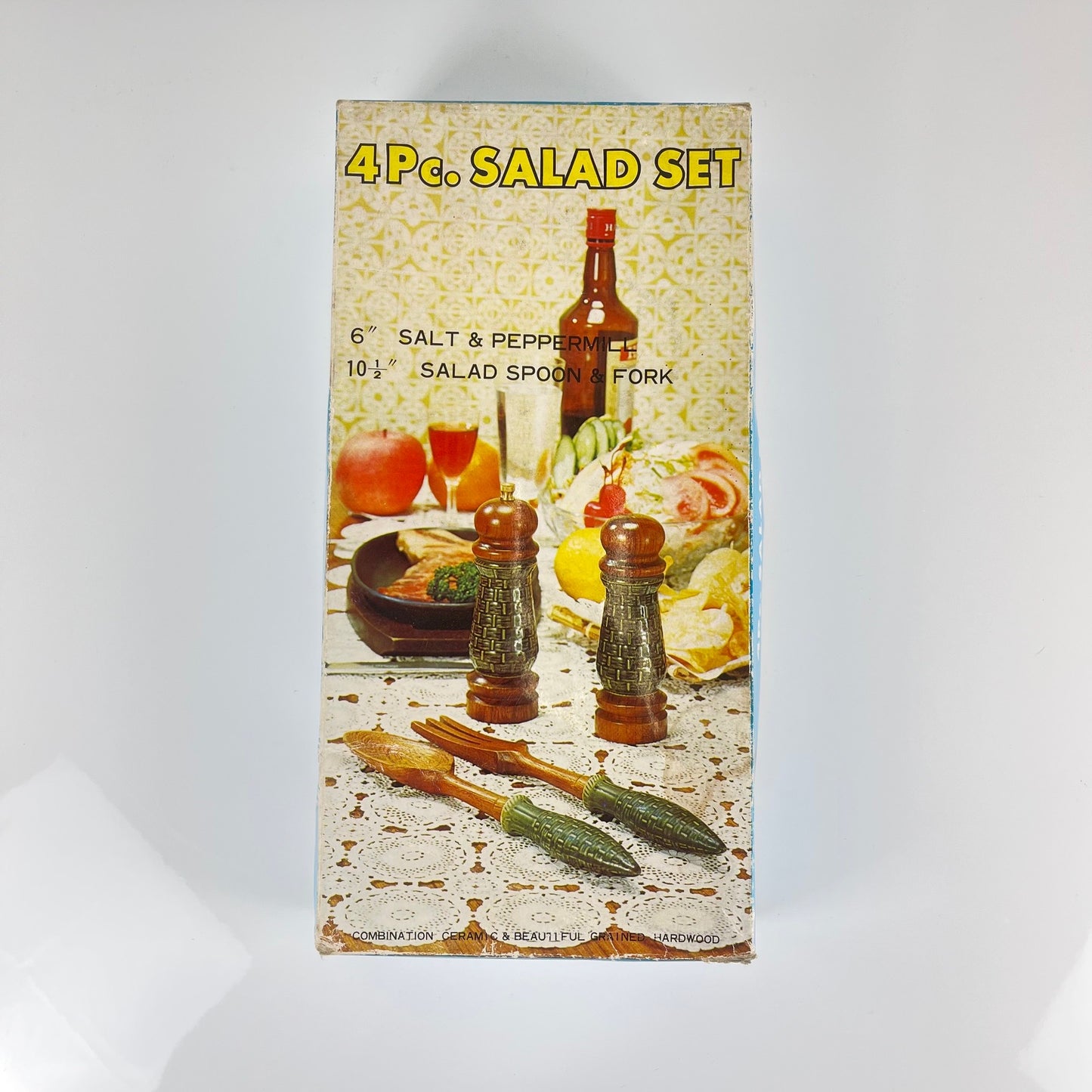 Green ceramic salt and pepper shaker set and salad servers, 1970