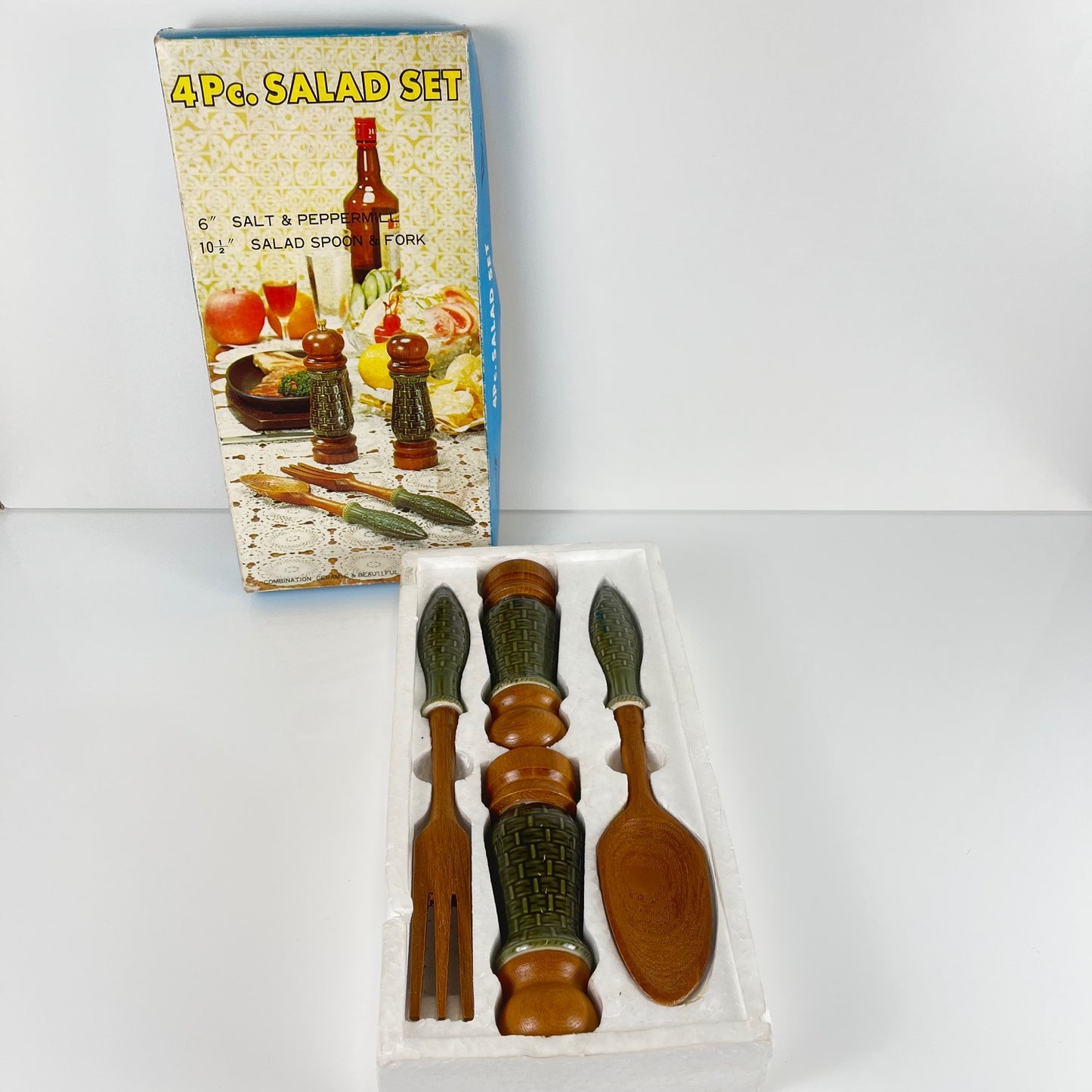 Green ceramic salt and pepper shaker set and salad servers, 1970