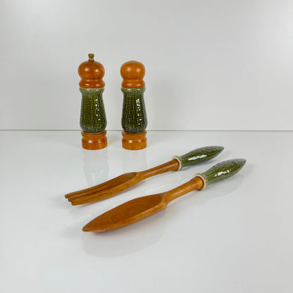 Green ceramic salt and pepper shaker set and salad servers, 1970