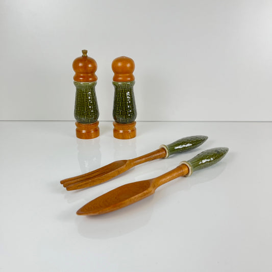 Green ceramic salt and pepper shaker set and salad servers, 1970