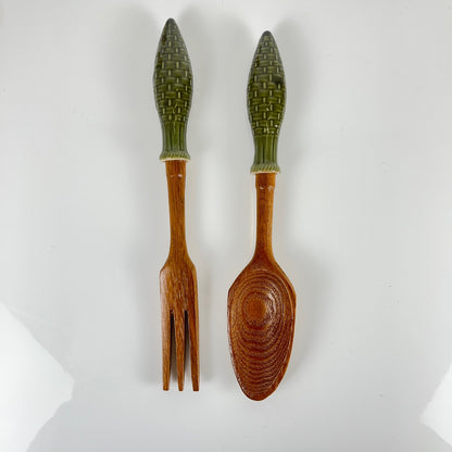 Green ceramic salt and pepper shaker set and salad servers, 1970