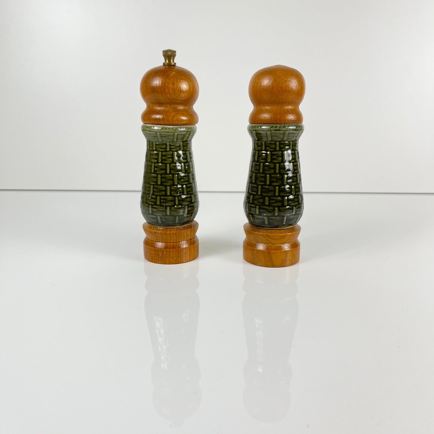 Green ceramic salt and pepper shaker set and salad servers, 1970