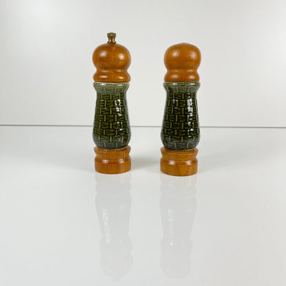 Green ceramic salt and pepper shaker set and salad servers, 1970