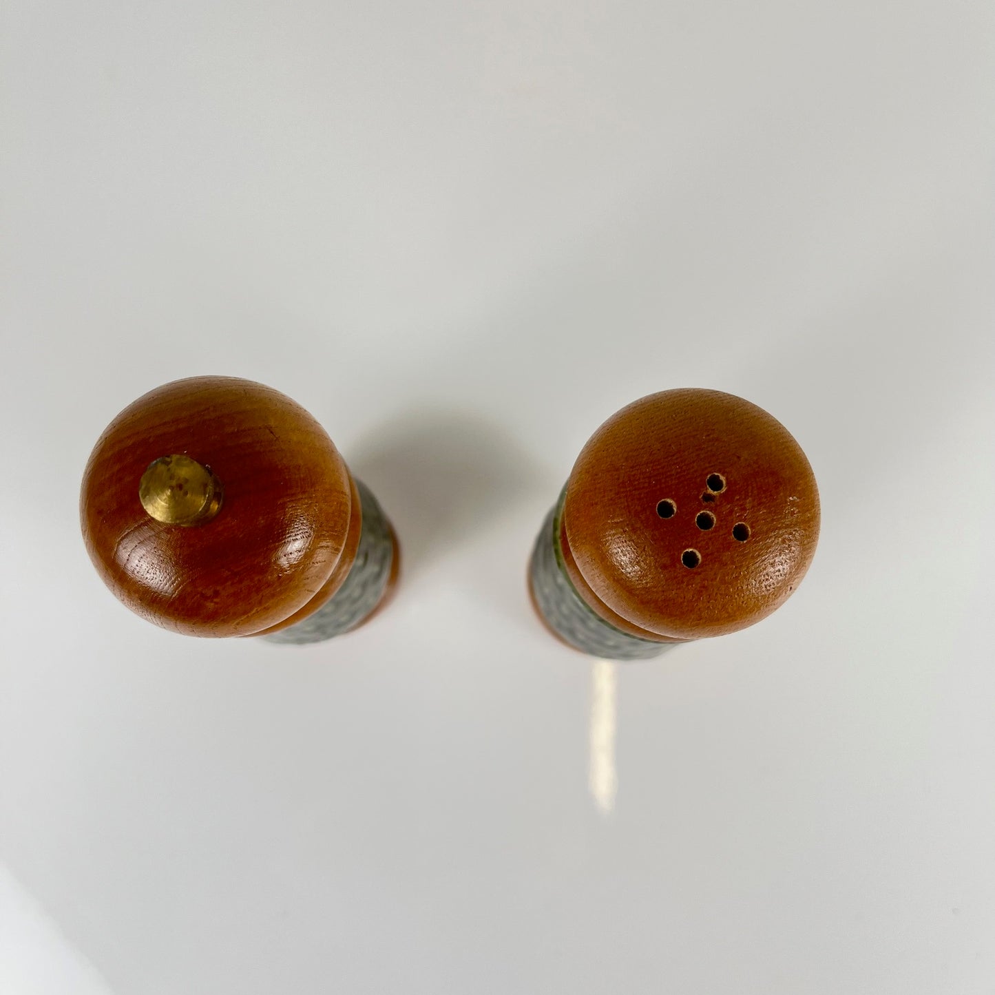 Green ceramic salt and pepper shaker set and salad servers, 1970