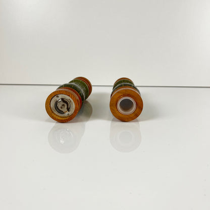 Green ceramic salt and pepper shaker set and salad servers, 1970