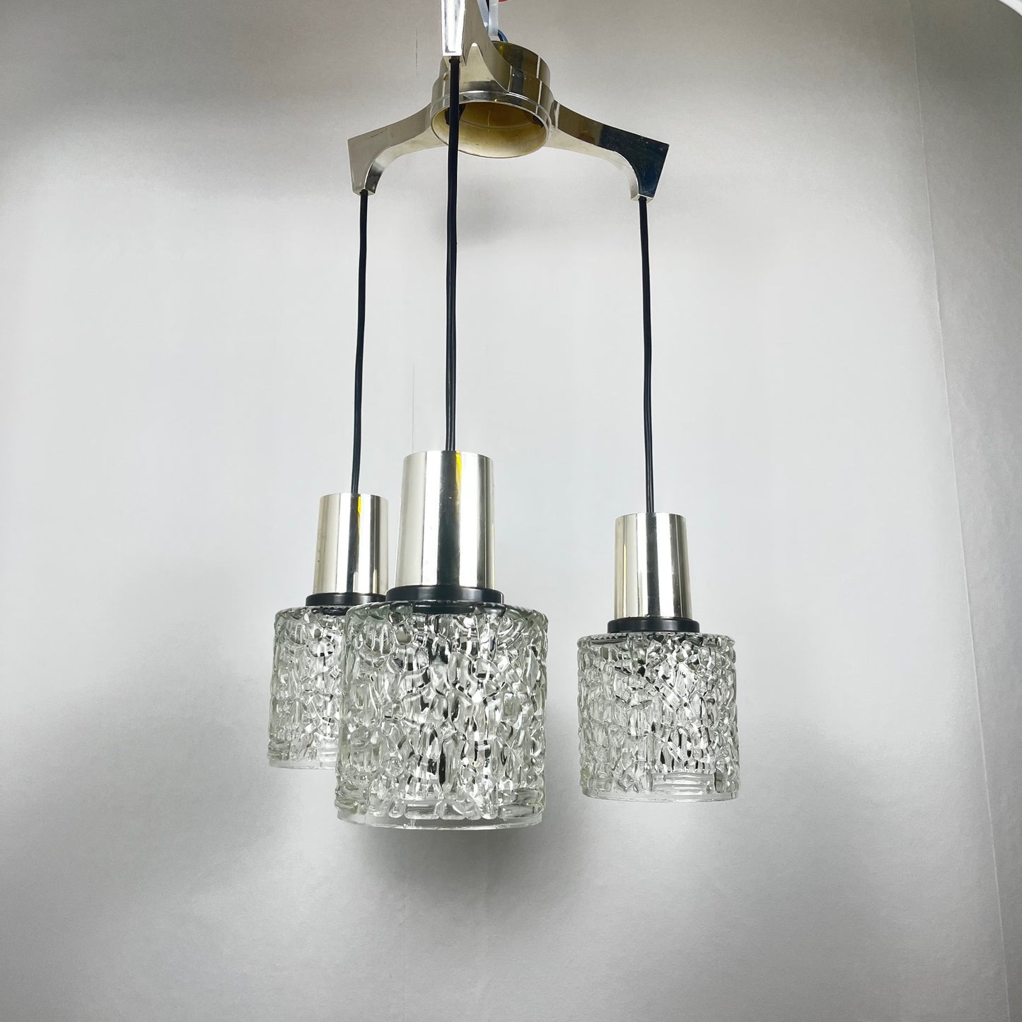 Three-light cascade pendant lamp, glass, 1970