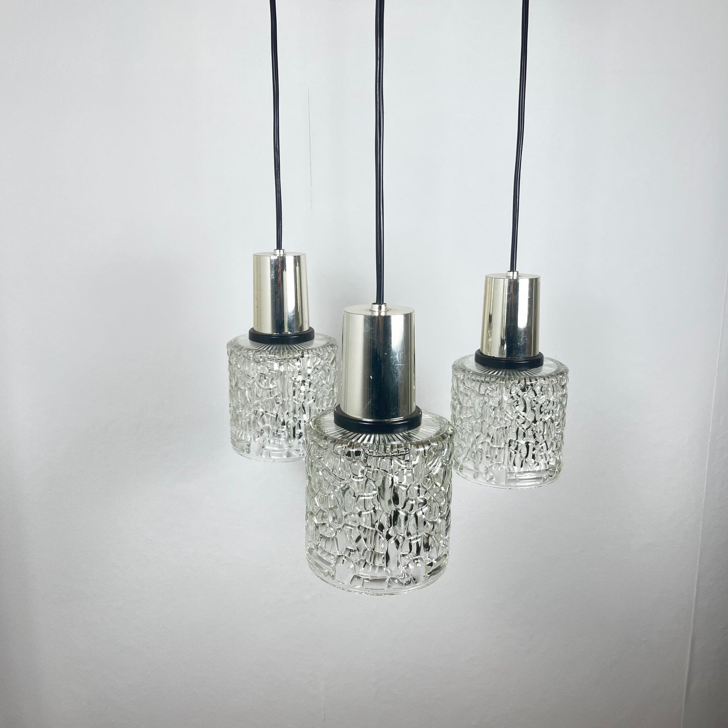 Three-light cascade pendant lamp, glass, 1970