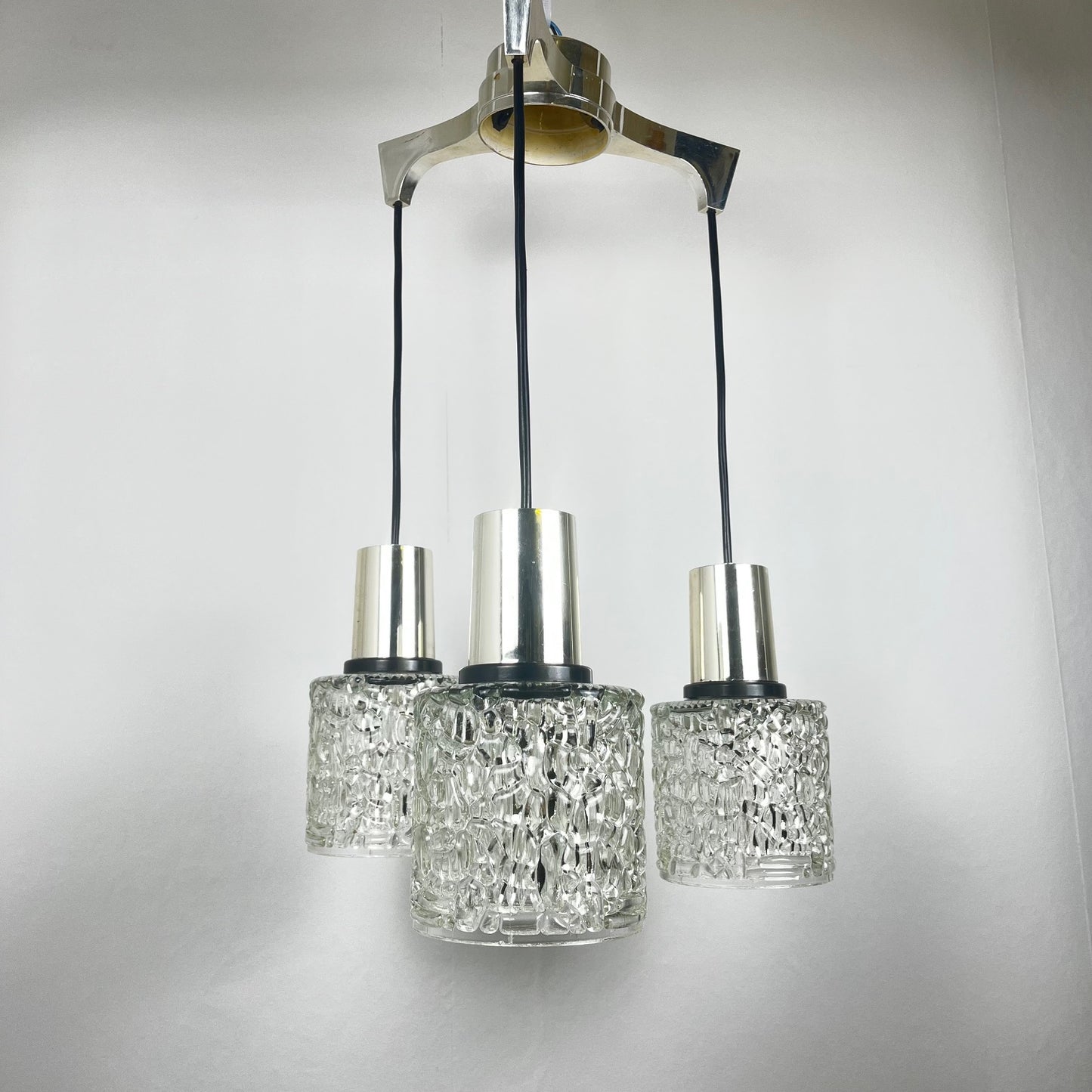 Three-light cascade pendant lamp, glass, 1970
