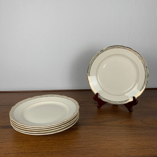 Lot de 6 assiettes plates Villeroy & Boch blanches et doré, 1950