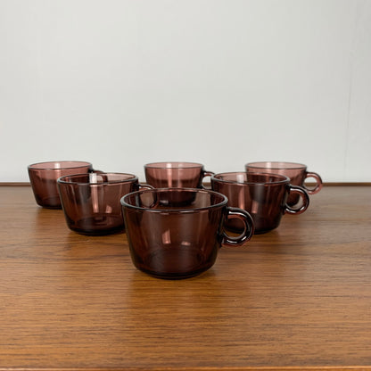 Set of 6 glass coffee cups, purple, Vereco, 1970