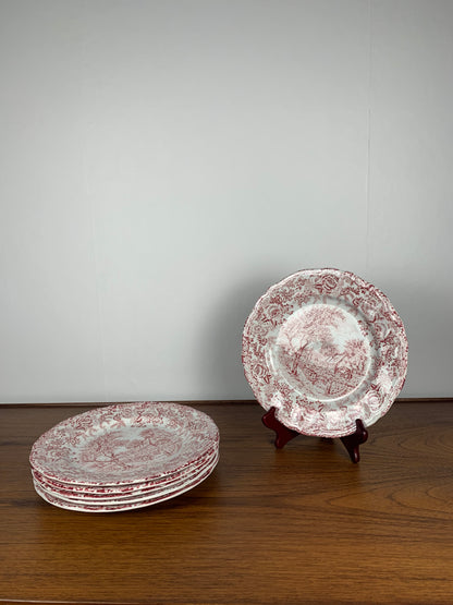 Set of 6 English flat plates, red tones