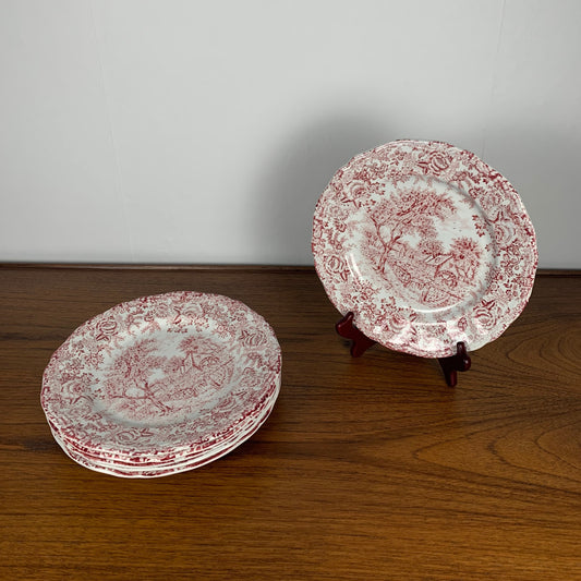 Set of 6 English flat plates, red tones