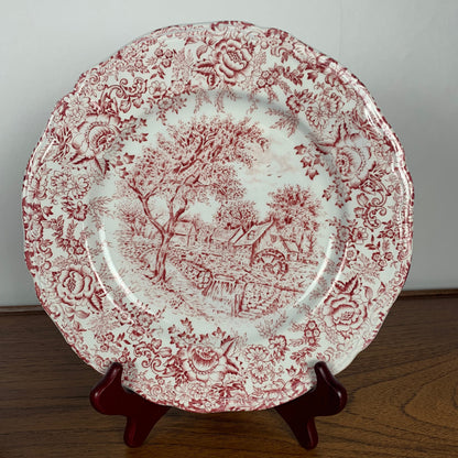 Set of 6 English flat plates, red tones