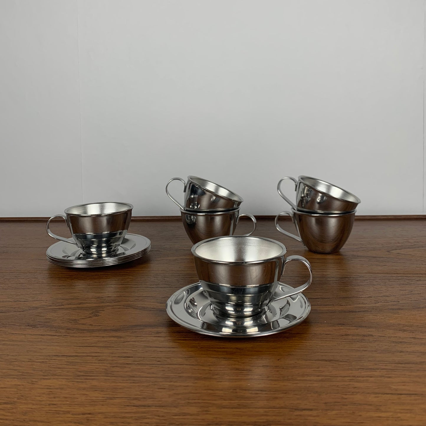 Set of 6 stainless steel coffee cups / saucers NPB Italy, 1980